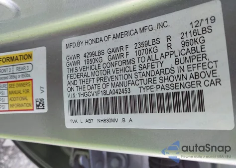 2020 Honda Accord Lx из США, поврежденный, VIN 1HGCV1F18LA042453